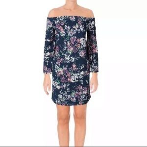Aqua Floral Crepe Off The Shoulder Shift Dress